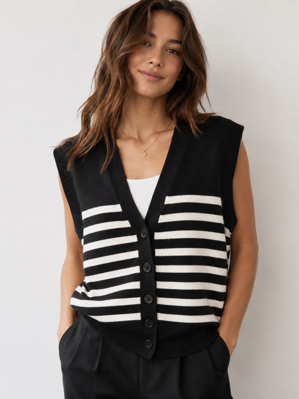 Black White Striped Oversized Button Front Sweater Vest